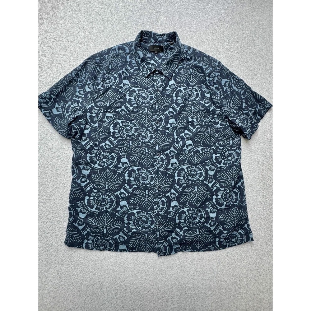 Vince Shirt Mens XL Blue Floral Short Sleeve Button Front Linen Tropical Casual